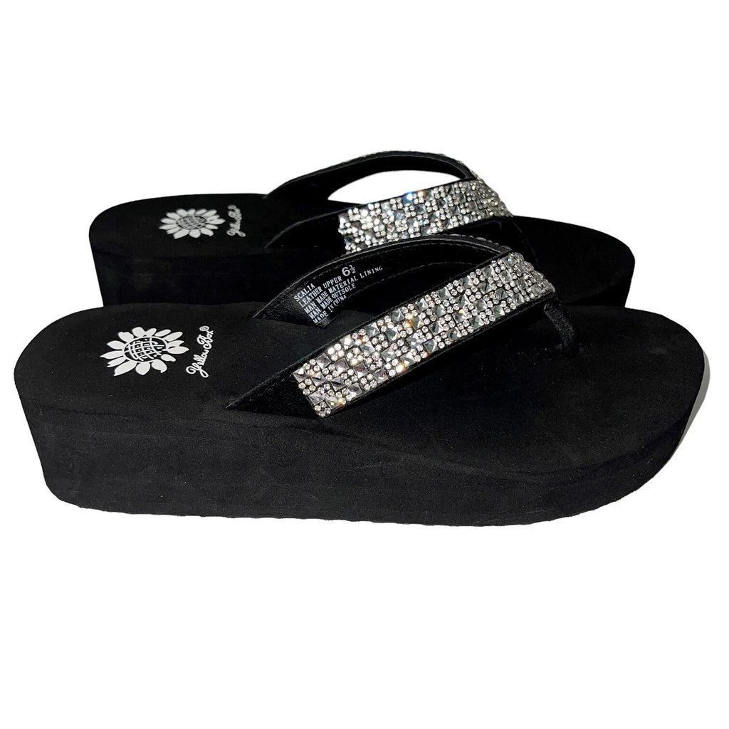 Yellow Box Flip Flops Womens 6.5 Black Clear Rhinestone Wedge Sandals Scalia