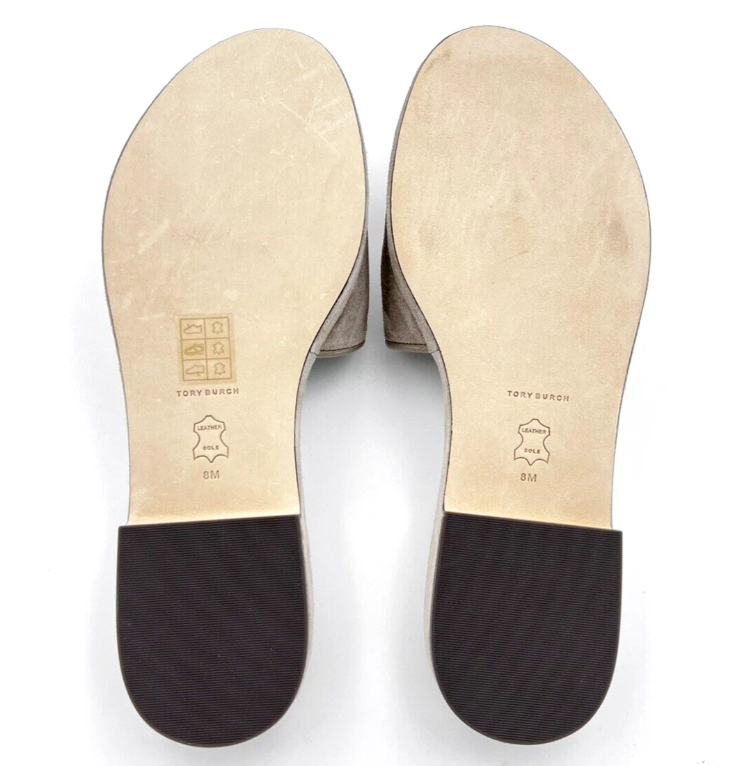 TORY BURCH ELEANOR HEELED SLIDE CRYSTAL LOGO GRAY HERON SUEDE SZ US 8 NIB