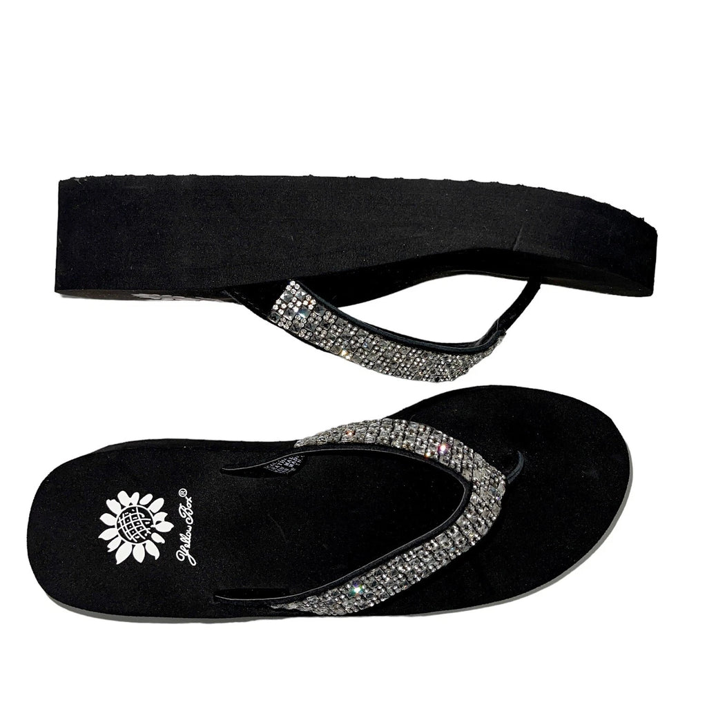 Yellow Box Flip Flops Womens 6.5 Black Clear Rhinestone Wedge Sandals Scalia