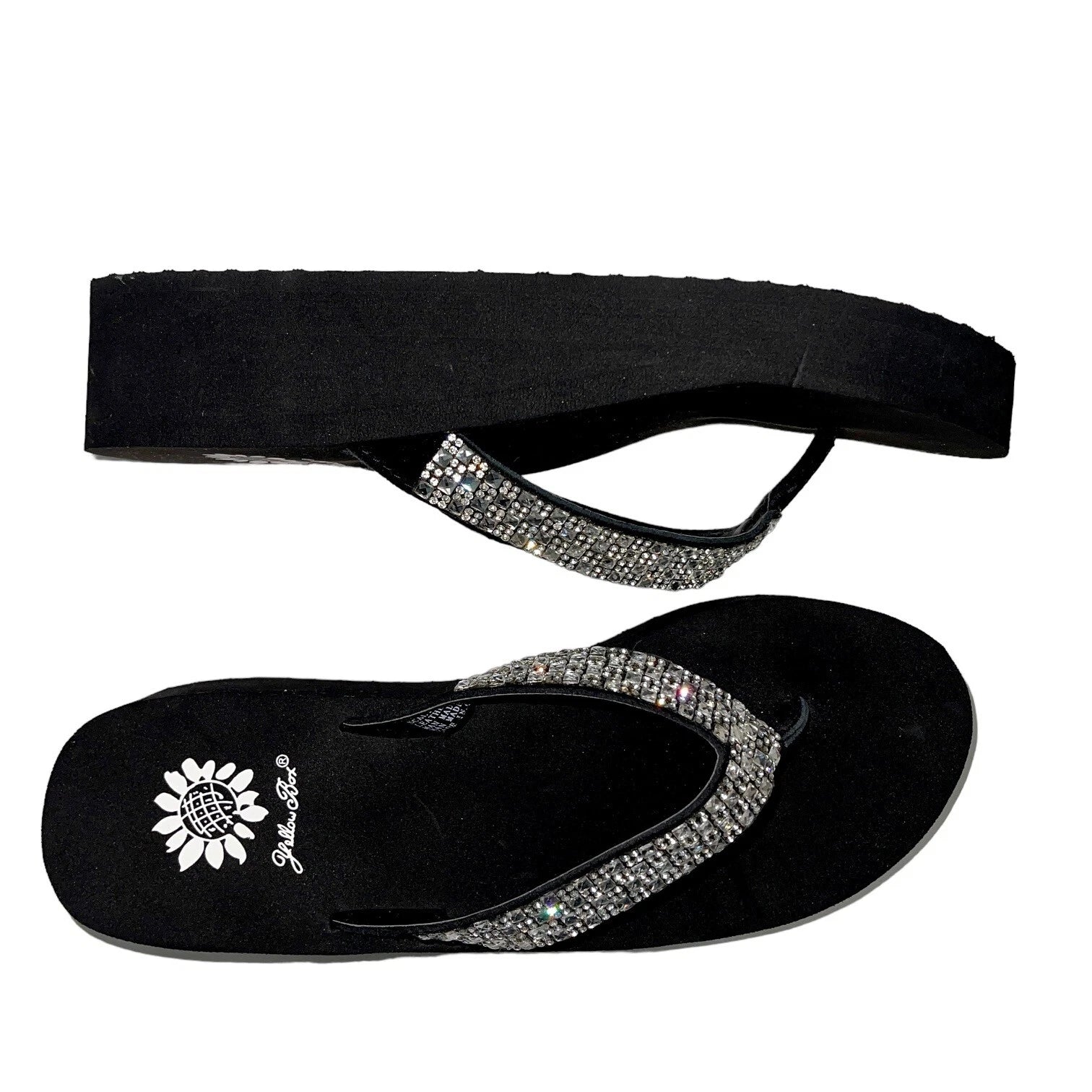 Yellow Box Flip Flops Womens 6.5 Black Clear Rhinestone Wedge Sandals Scalia