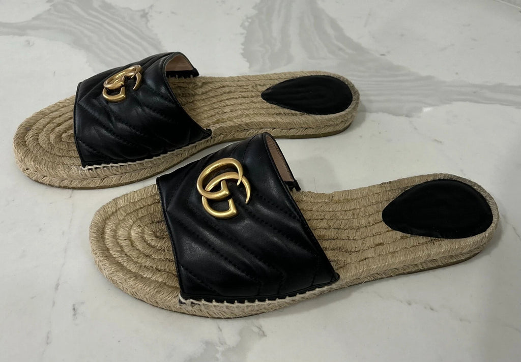 🖤 GUCCI Black Nappa Matelasse Gold GG Marmont Espadrille Slide Sandals 10 US 41