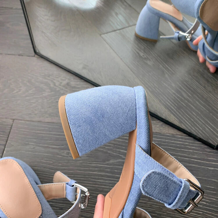 Women's Fashion Denim Buckle Straps Open Toe Block Heel Sandal Shoes Mules SUNS