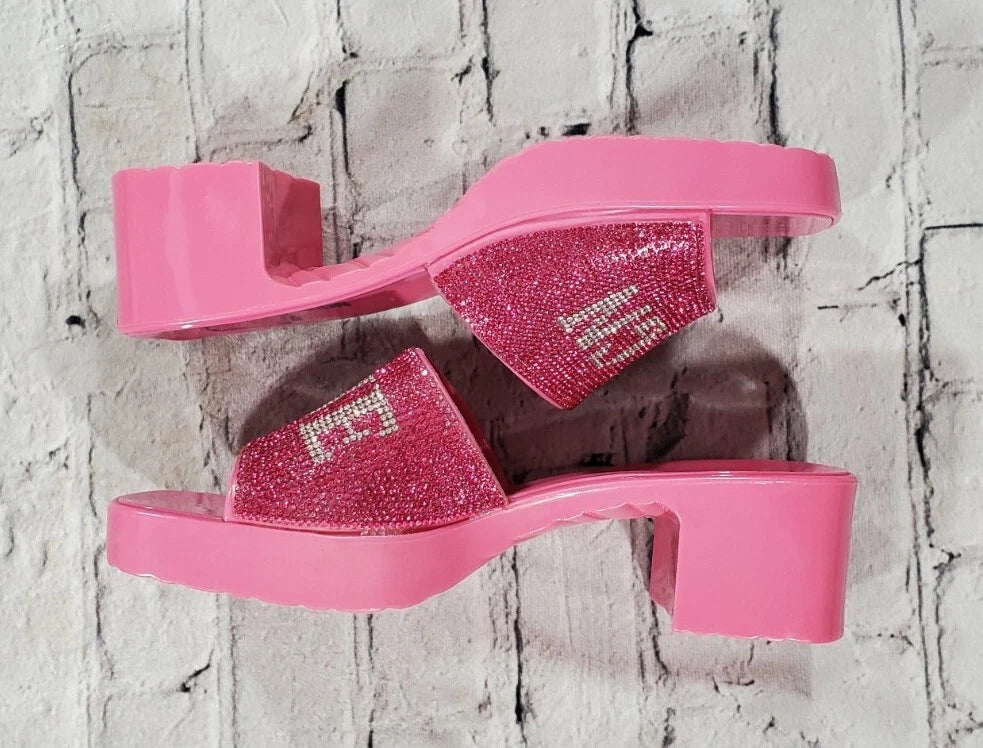 True Religion Bling Silver Pink Stoned Sandals Block Heels WOMENS SIZE 11