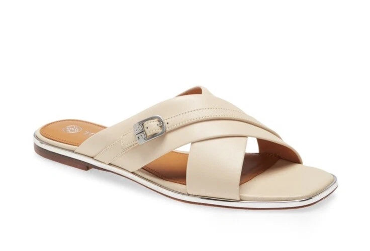 $248 Tory Burch DELANEY Crisscross Flat Slides Sandals Bone Silver Logo Size 6