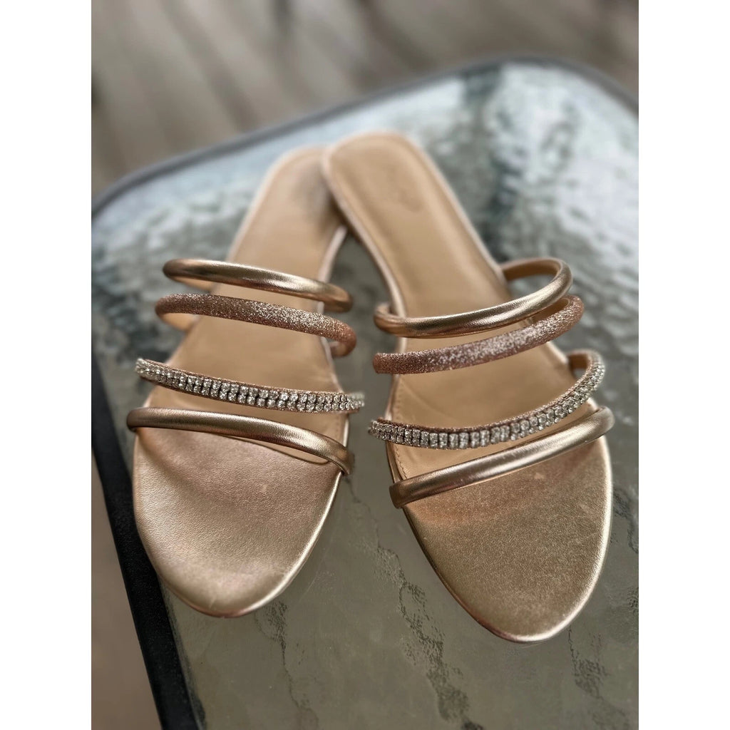Jewel Badgley Mischka Sandals Rhinestone Straps Slides Sparkle Gold 9.5