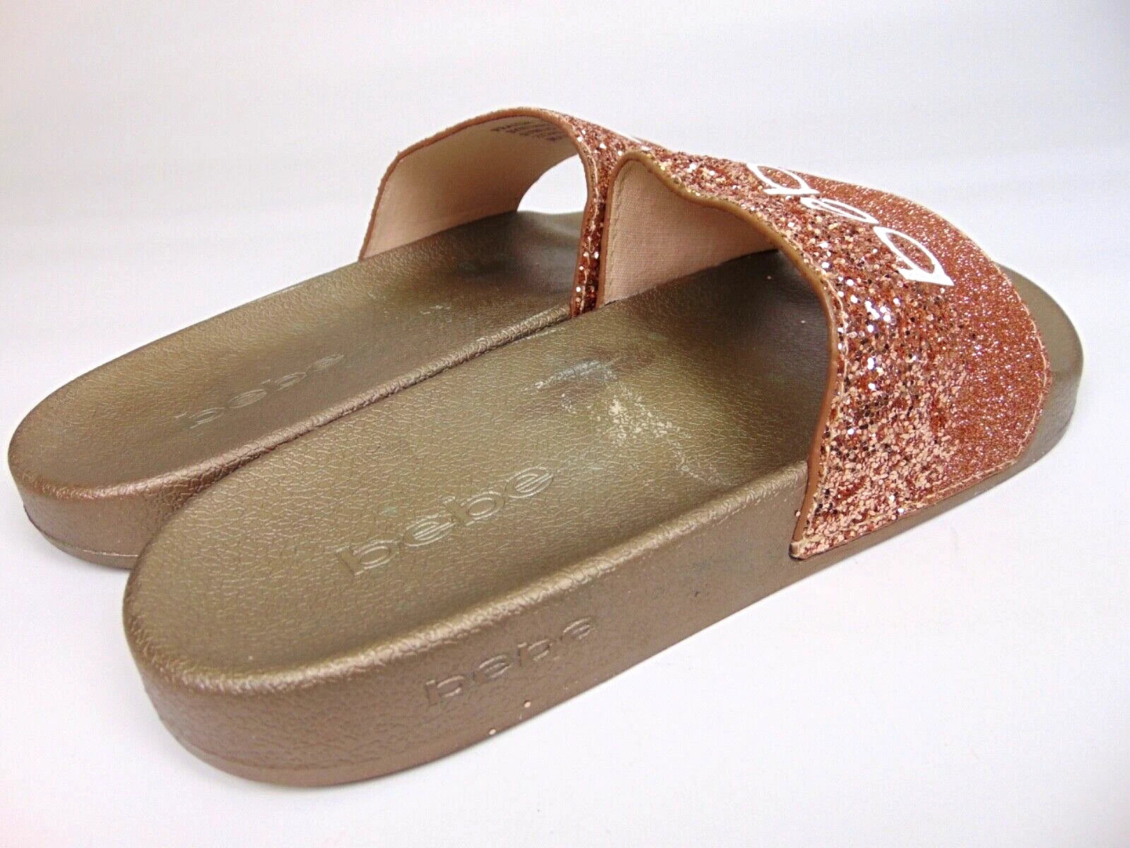 Bebe Women's Fraida Glitter Slide Fashion Sandals Flats Size 8.0 M, Rose Gold