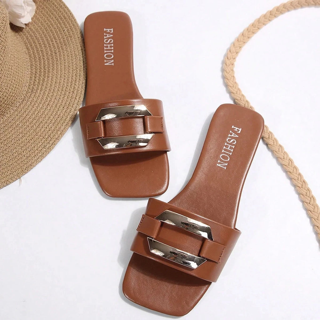 Women’s Summer Flat Sandals Square Toe Slip On Non-Slip Beach Slides Casual"
