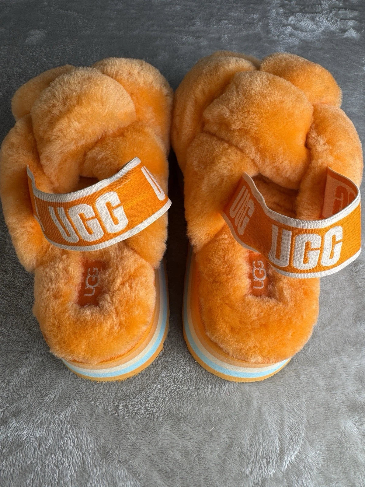 Ugg Womens Disco Knot Slide Sandals Size 7 Orange Fuzzy Platform Slingback Y2K