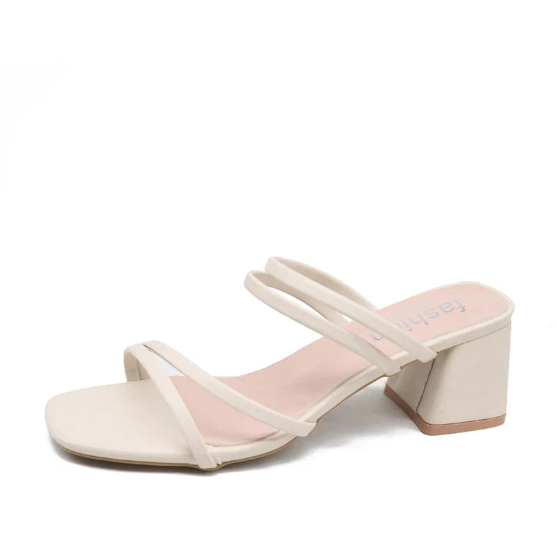 Women Sandal Square Heel Elegant Summer Slipper Outside CrossTied Leather Slides