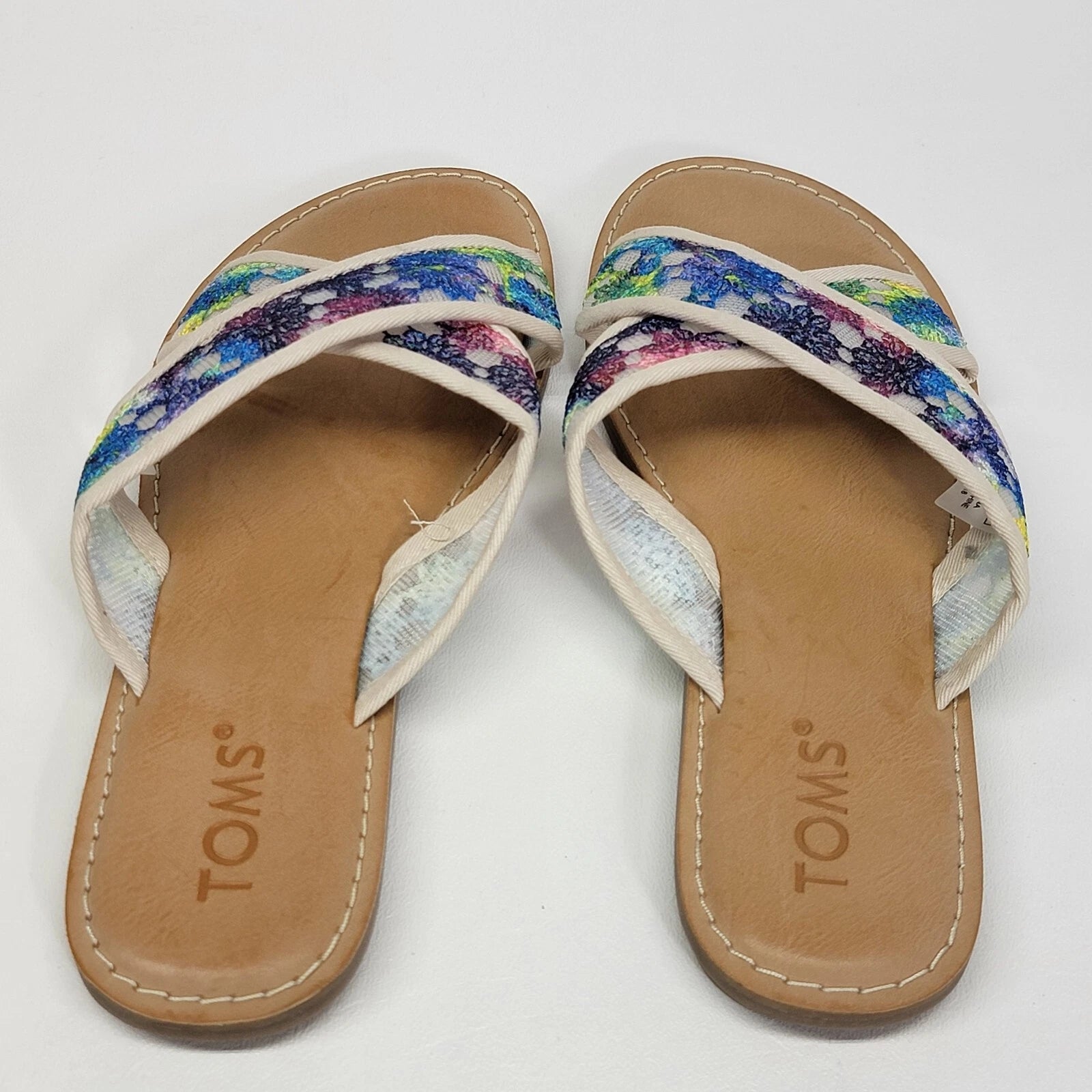 TOMS Viv white Lace Sandals Womens Size 6.5 slides fashion multicolor slip on