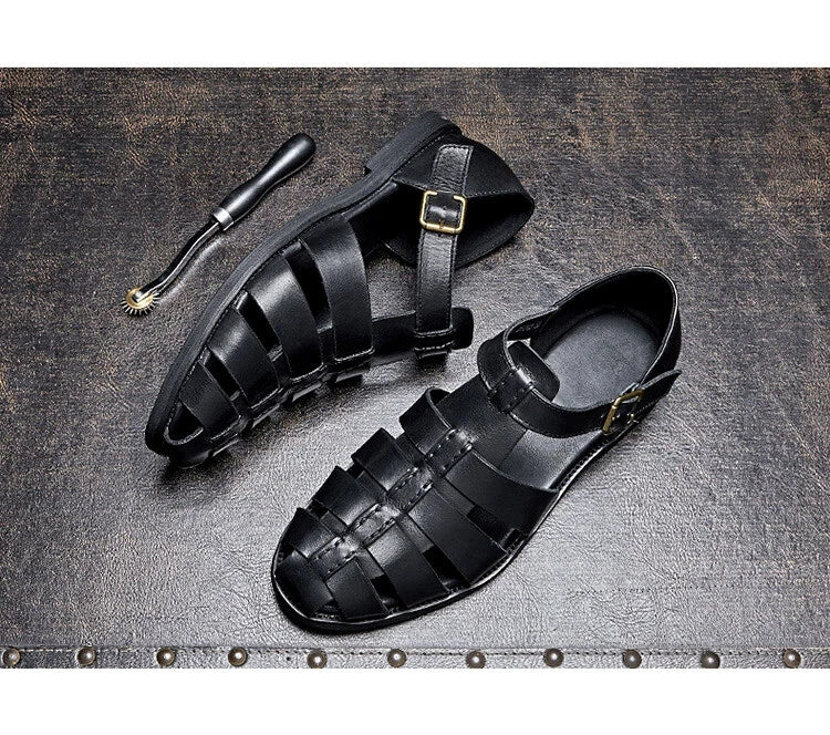Roman Style Closed Toe Sandals Hollow Out Buckle Real Leather Men's Shoes Casual