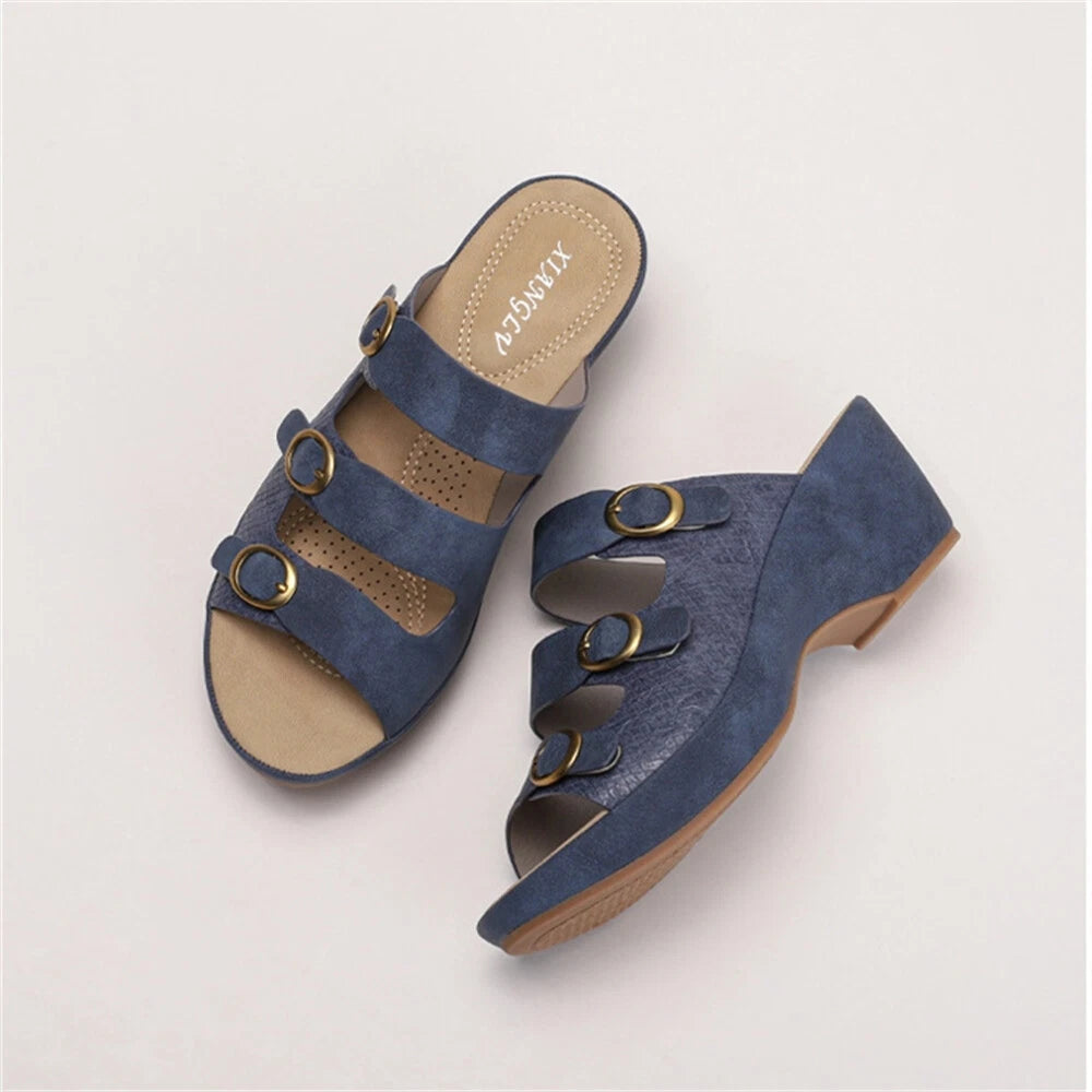 Women's Platform Chunky Heel Roman Clog Sandals Fashion Buckle Cut Out Slides