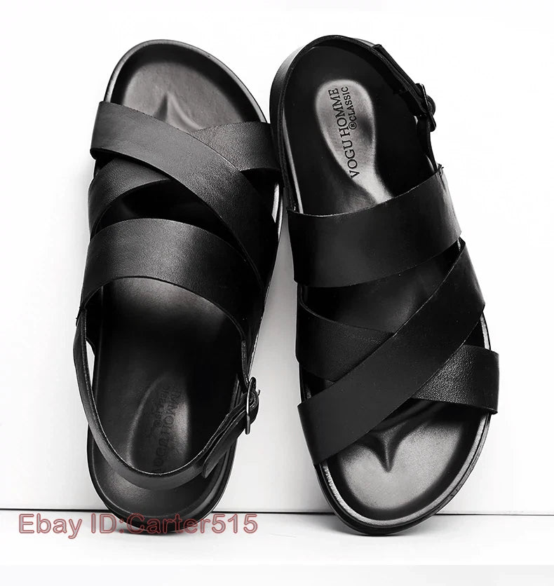 Open Toe Sandals Slingbacks Buckle Real Leather Men's Beach Shoes Roman Style 43