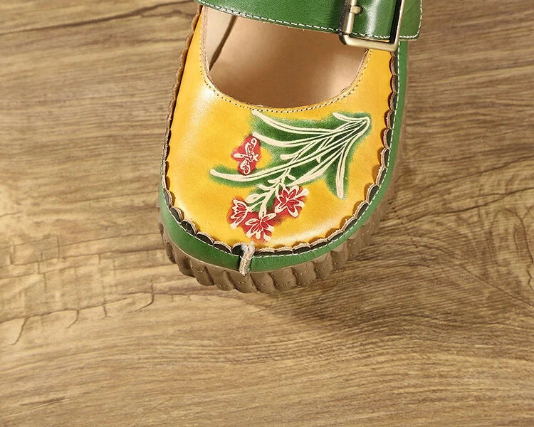 Wedge Slides Shoes Women Buckle Flower Cut Out Summer Leather Platform Slippers