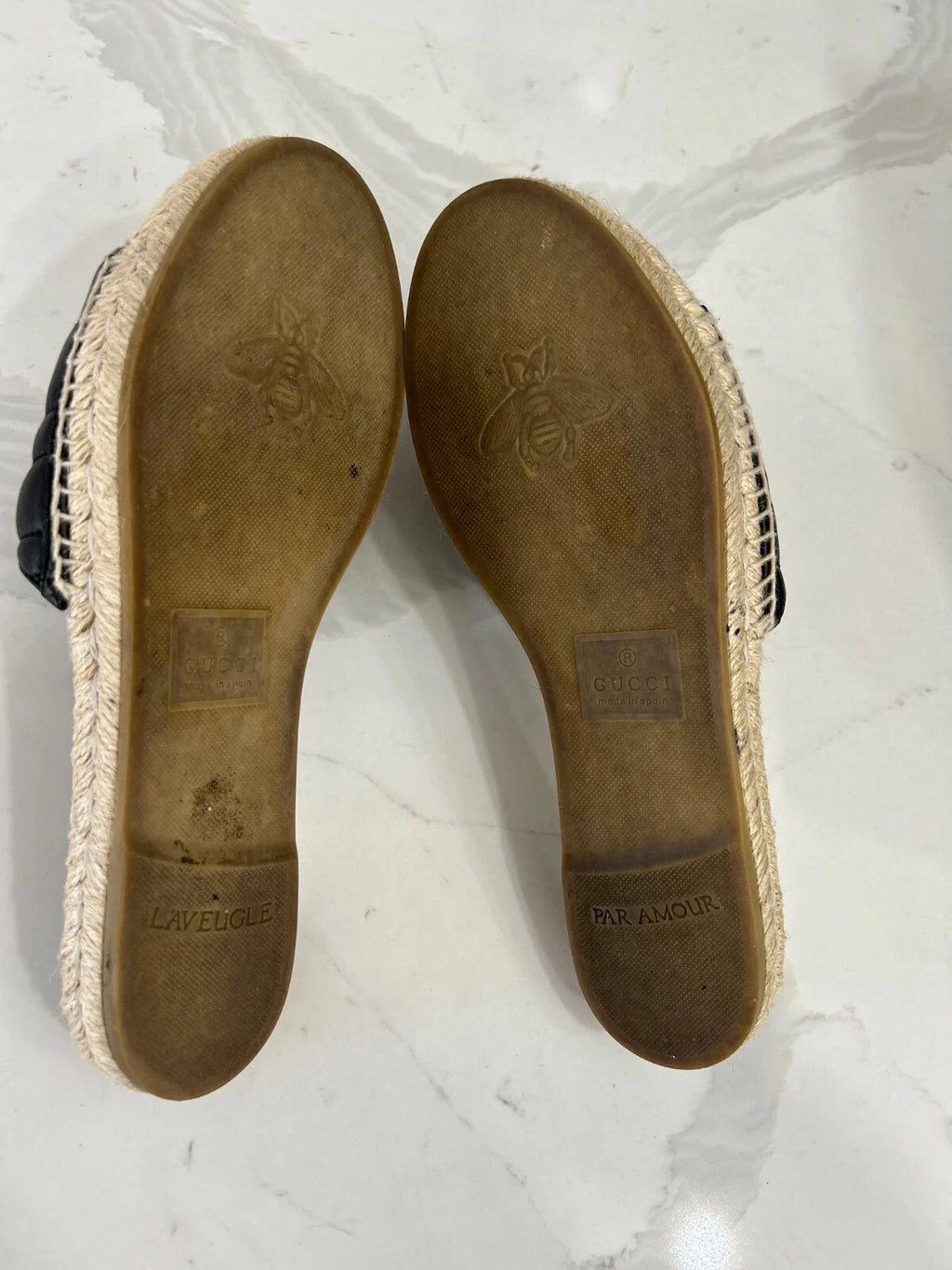 🖤 GUCCI Black Nappa Matelasse Gold GG Marmont Espadrille Slide Sandals 10 US 41
