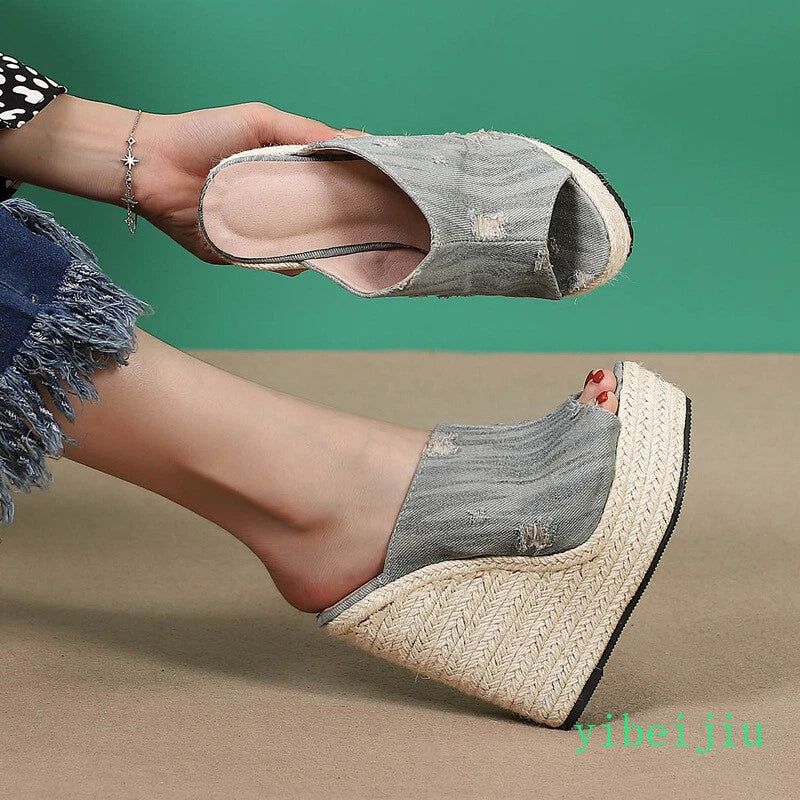 Women's Hemp Rope Weaving High Wedge Heel Slip On Slippers Denim Jeans Hole Mule