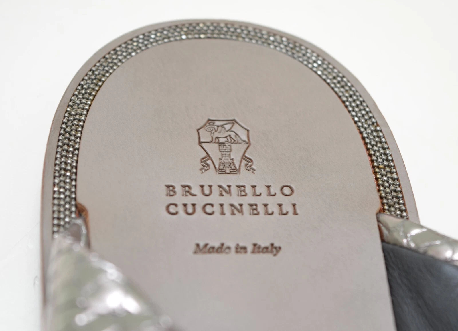 Brunello Cucinelli Reptile Print Metallic Silver leather Slide Sandals  Sz EU 40