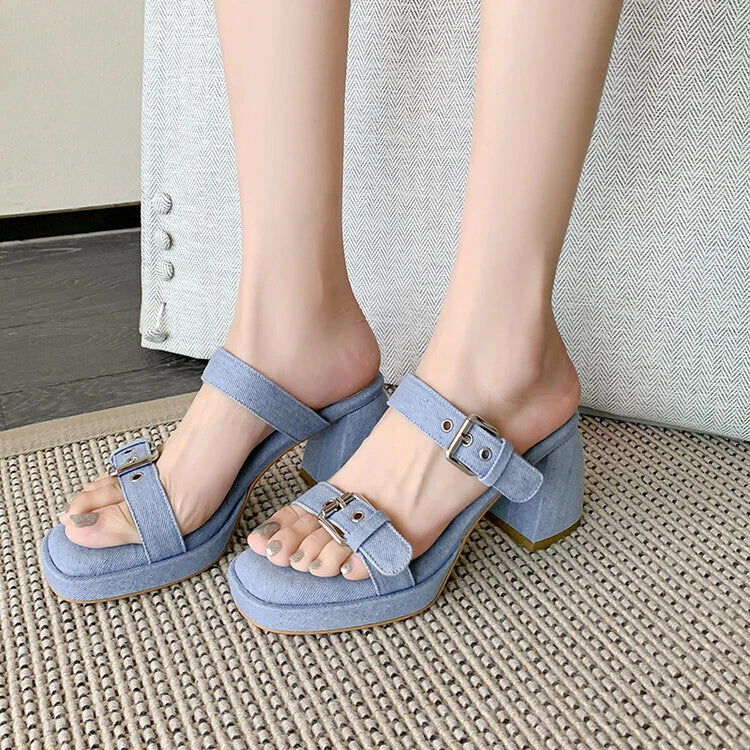 Women's Fashion Denim Buckle Straps Open Toe Block Heel Sandal Shoes Mules SUNS