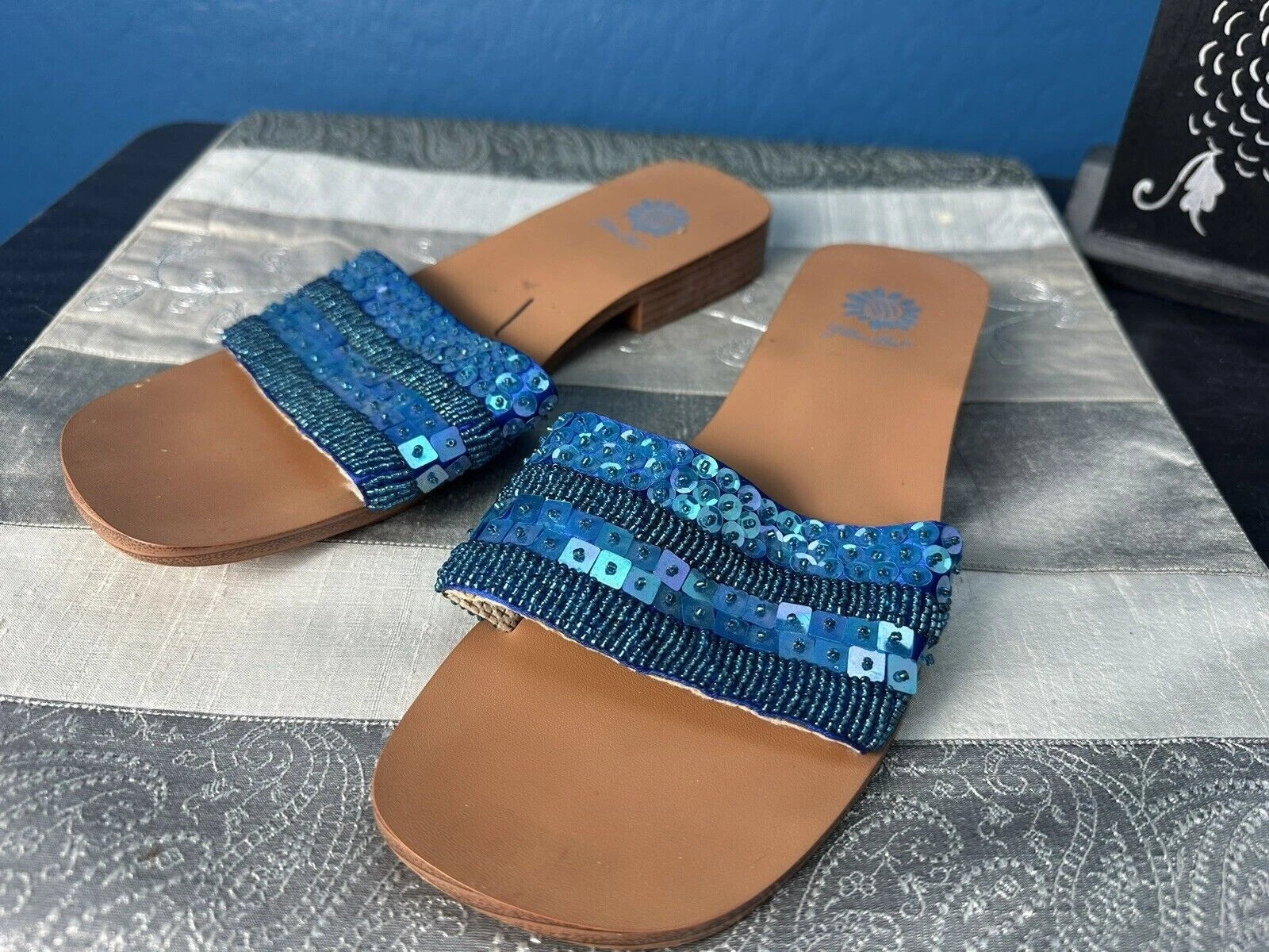 Yellow Box 8 Flat Aqua Blue Slipper Slides Slip-On Sequin Fashion Sandals