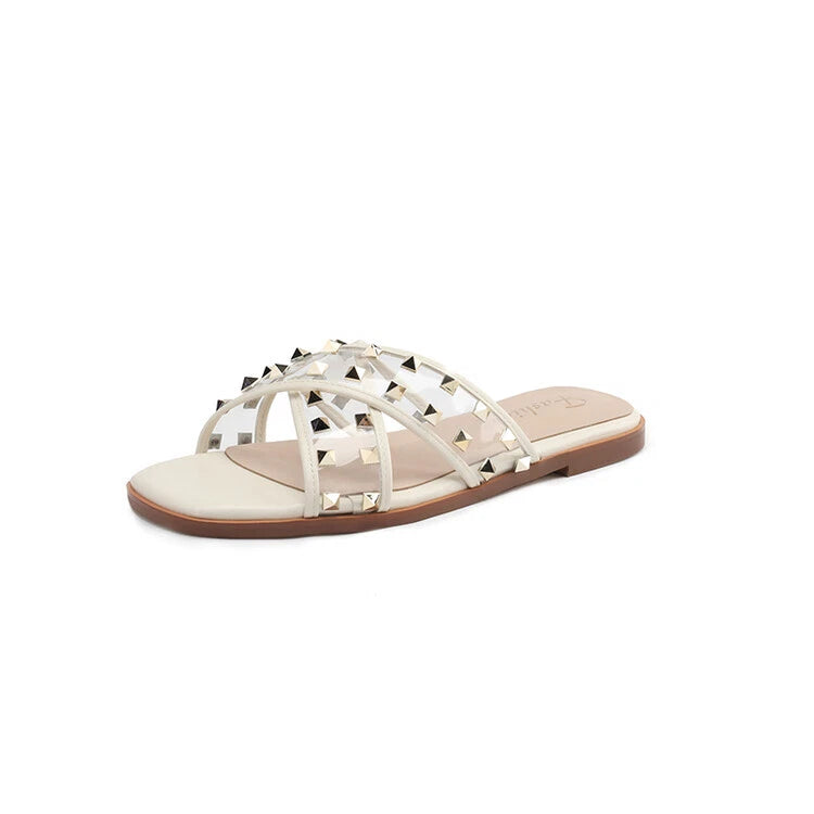 Womens Fashion Transparent Studs Crossover Beach Slipper Sandal Shoes Mules b95
