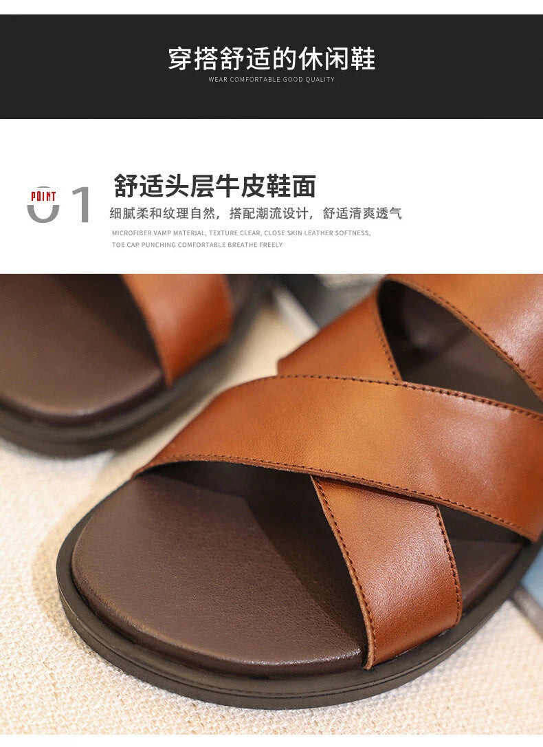 Mens Slingback Sandals Open Toe Real Leather Cowhide Strap Flats Summer Shoes sz