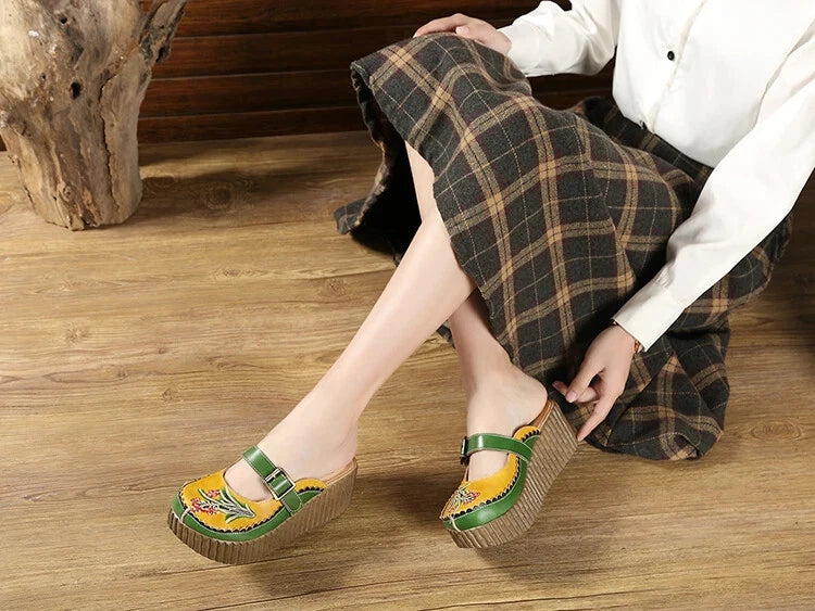 Wedge Slides Shoes Women Buckle Flower Cut Out Summer Leather Platform Slippers