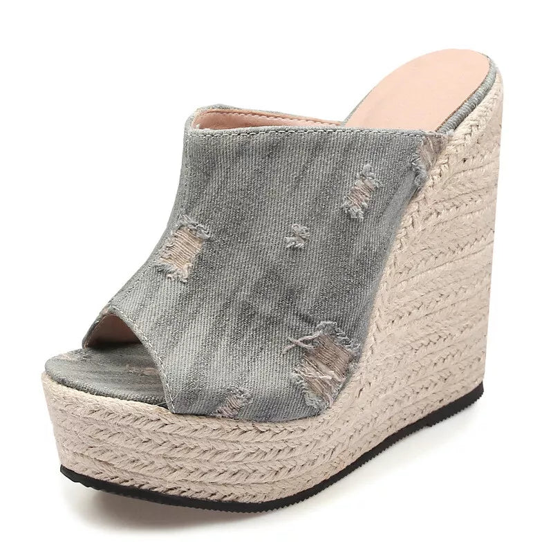 Women's Hemp Rope Weaving High Wedge Heel Slip On Slippers Denim Jeans Hole Mule