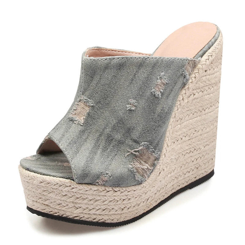 Women's Hemp Rope Weaving High Wedge Heel Slip On Slippers Denim Jeans Hole Mule