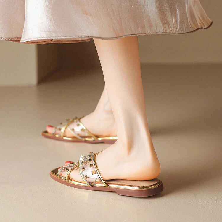 Womens Fashion Transparent Studs Crossover Beach Slipper Sandal Shoes Mules b95