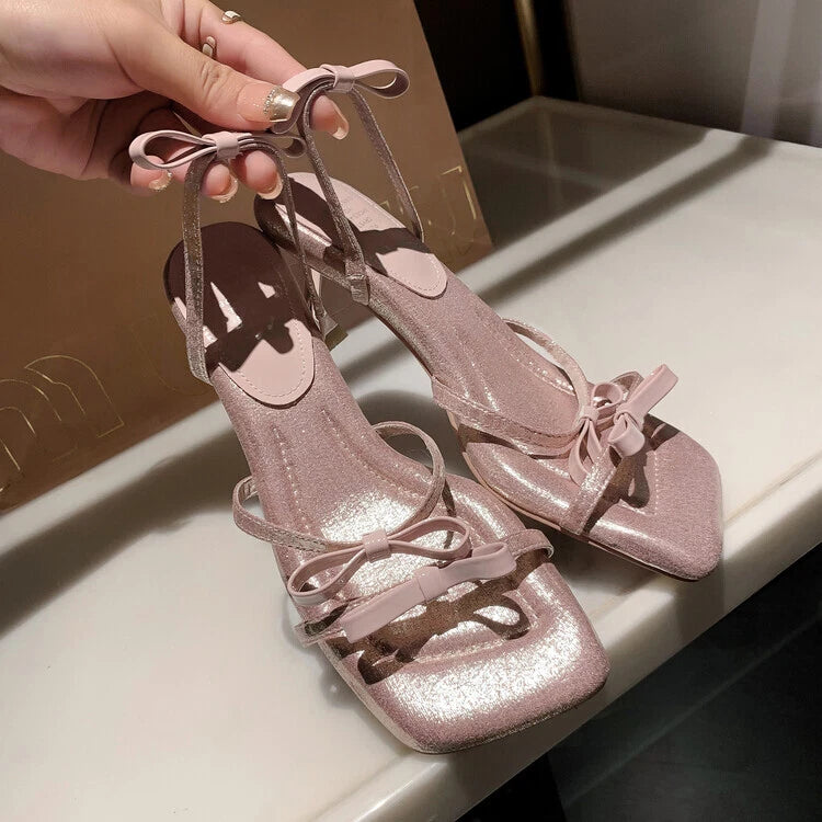 Womens 2023 Fashion Leather Open Toe Bowtie Mid Heel Slide Sandal Shoes Mule SUN