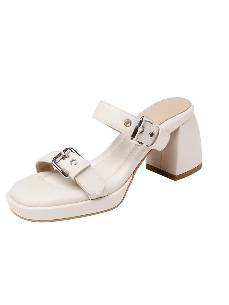 Women's Fashion Denim Buckle Straps Open Toe Block Heel Sandal Shoes Mules SUNS