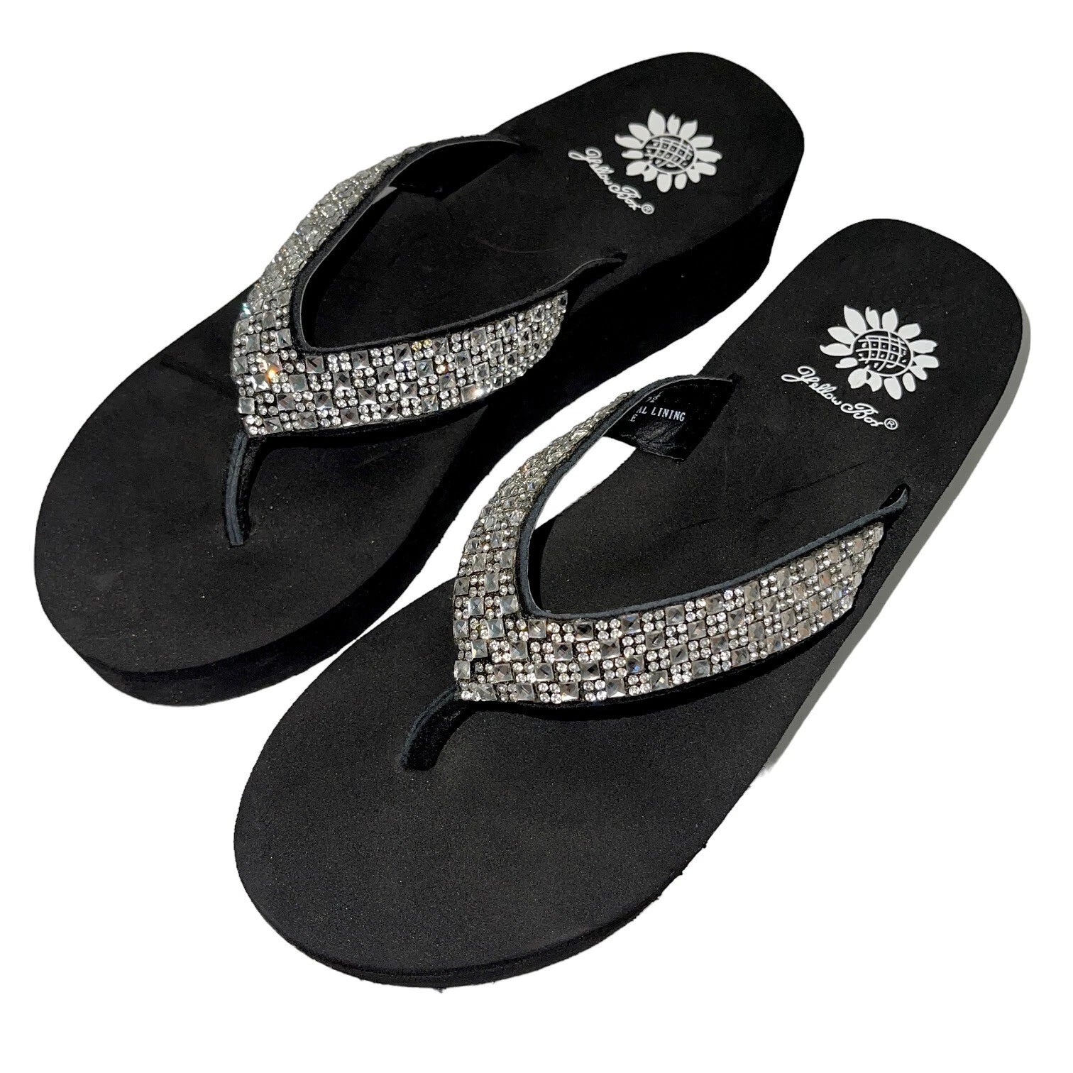 Yellow Box Flip Flops Womens 6.5 Black Clear Rhinestone Wedge Sandals Scalia