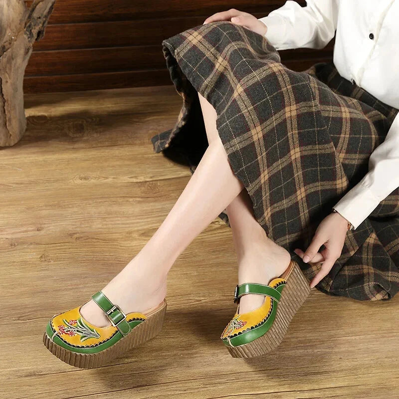 Wedge Slides Shoes Women Buckle Flower Cut Out Summer Leather Platform Slippers