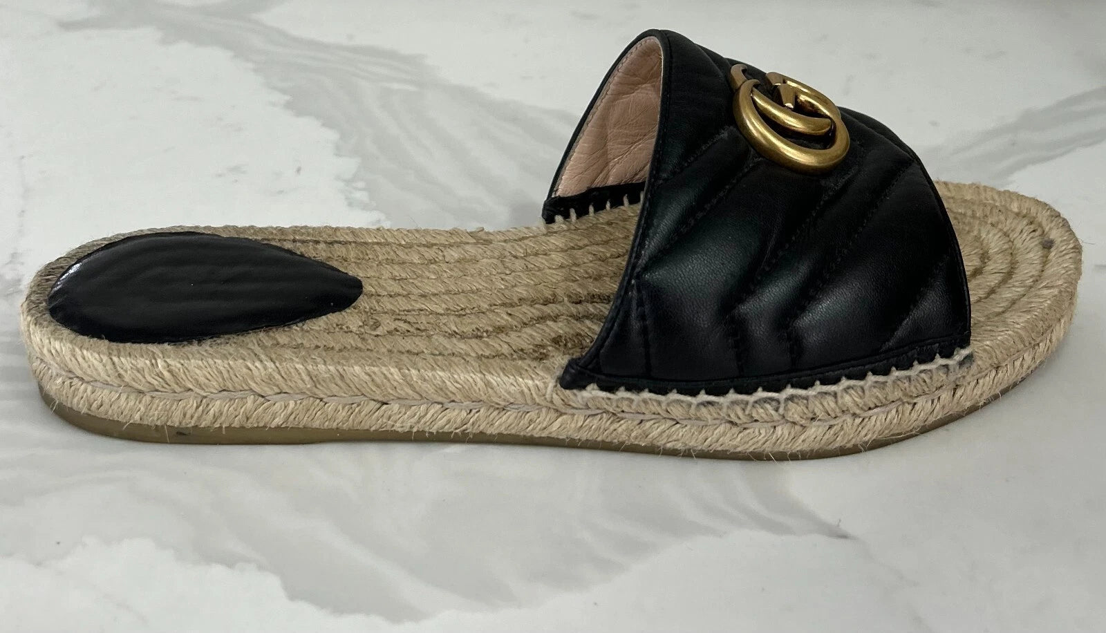 🖤 GUCCI Black Nappa Matelasse Gold GG Marmont Espadrille Slide Sandals 10 US 41