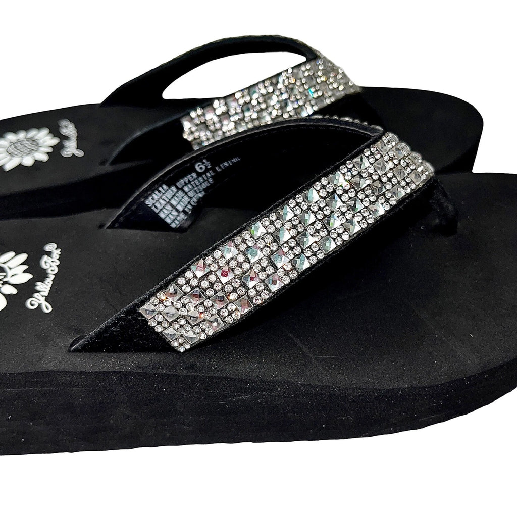 Yellow Box Flip Flops Womens 6.5 Black Clear Rhinestone Wedge Sandals Scalia
