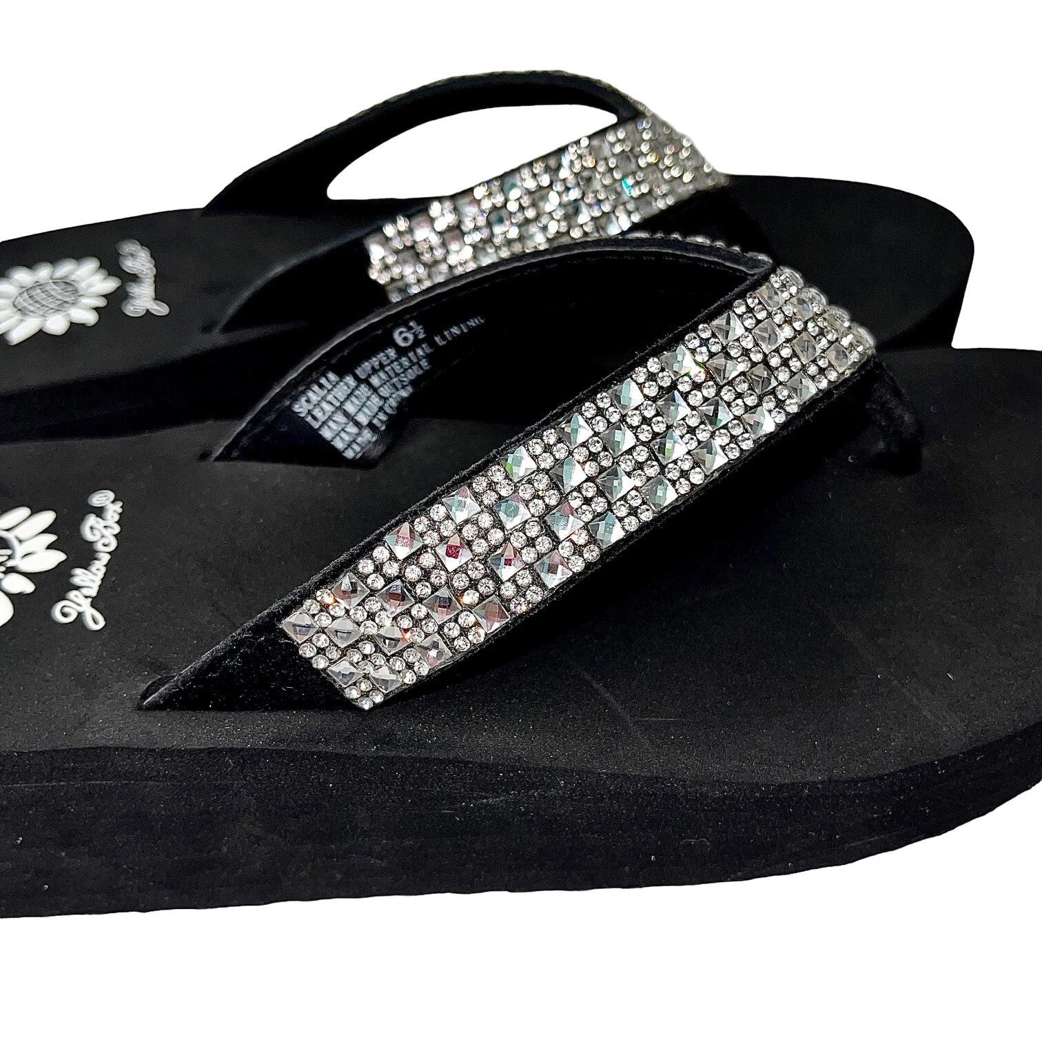 Yellow Box Flip Flops Womens 6.5 Black Clear Rhinestone Wedge Sandals Scalia