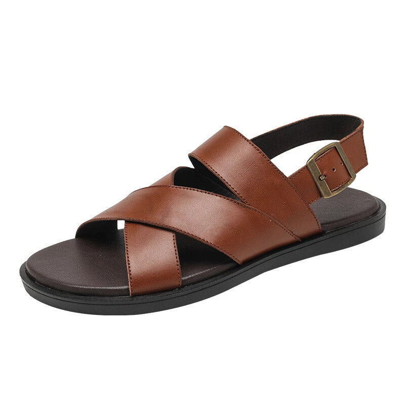 Mens Slingback Sandals Open Toe Real Leather Cowhide Strap Flats Summer Shoes sz