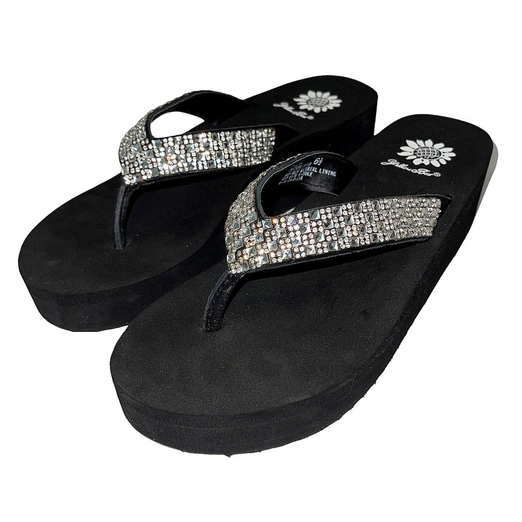 Yellow Box Flip Flops Womens 6.5 Black Clear Rhinestone Wedge Sandals Scalia