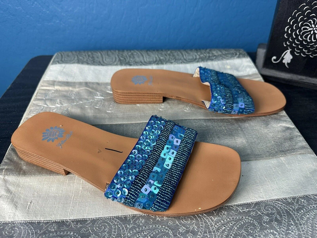 Yellow Box 8 Flat Aqua Blue Slipper Slides Slip-On Sequin Fashion Sandals
