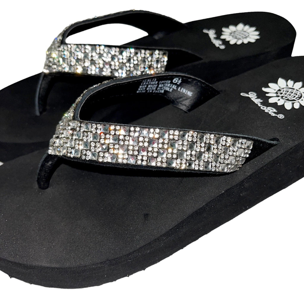 Yellow Box Flip Flops Womens 6.5 Black Clear Rhinestone Wedge Sandals Scalia