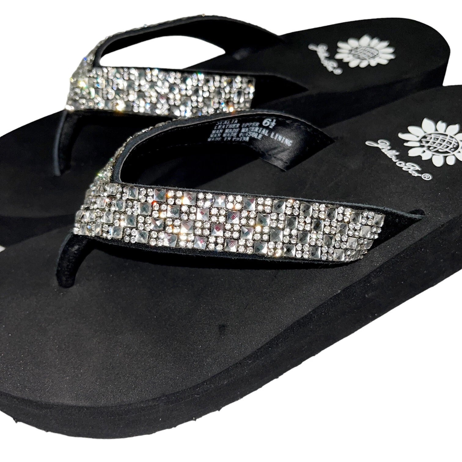 Yellow Box Flip Flops Womens 6.5 Black Clear Rhinestone Wedge Sandals Scalia