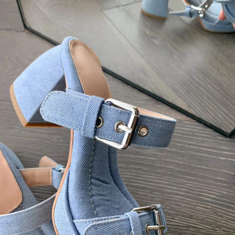 Women's Fashion Denim Buckle Straps Open Toe Block Heel Sandal Shoes Mules SUNS