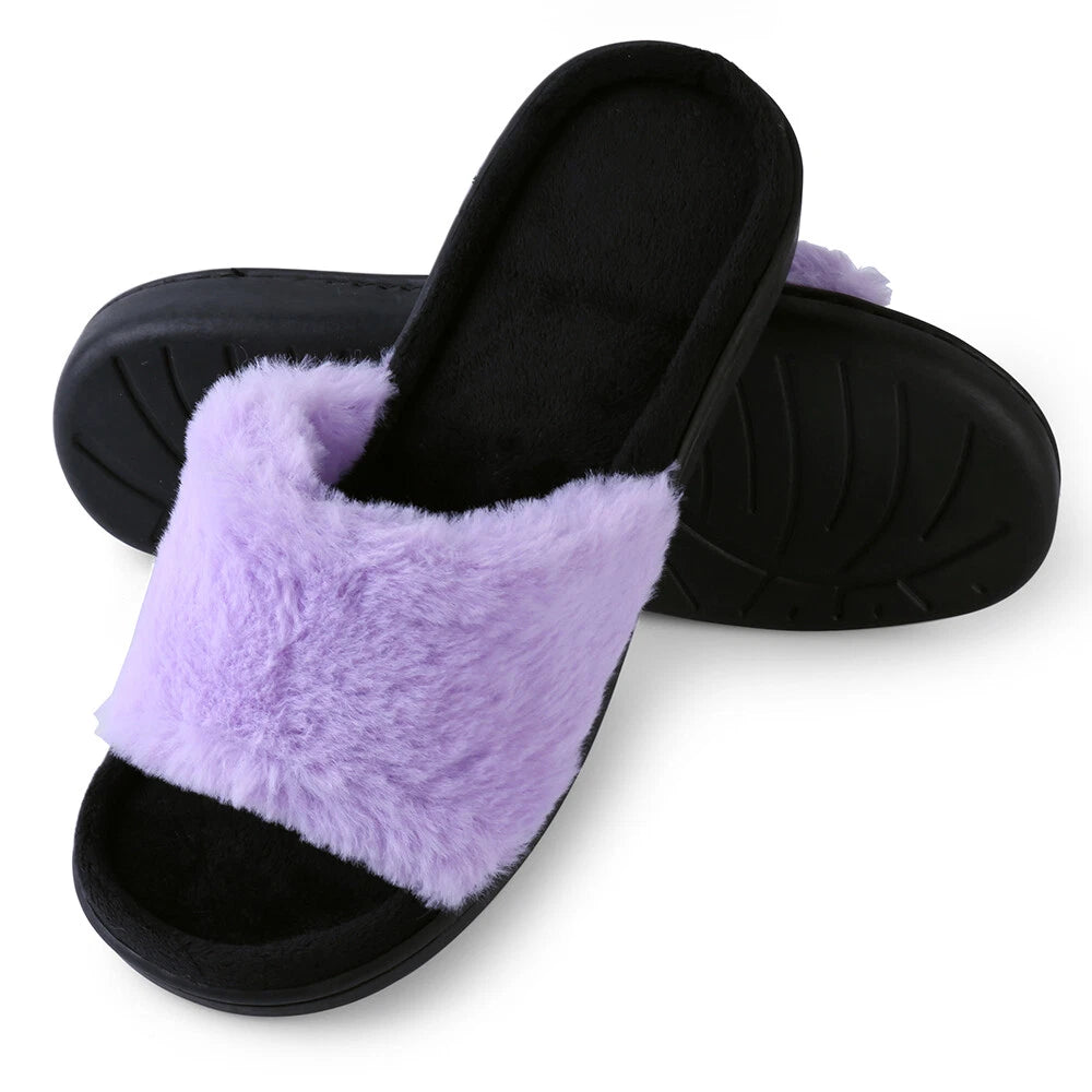 Aerusi Women Fashion Cozy Open Toe Slip-On Slippers Flat Indoor Bedroom Shoes
