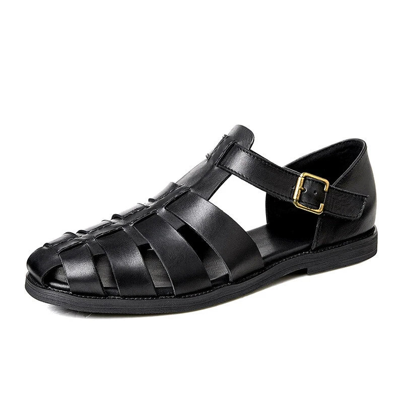 Roman Style Closed Toe Sandals Hollow Out Buckle Real Leather Men's Shoes Casual