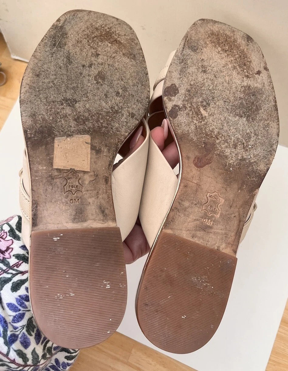 $248 Tory Burch DELANEY Crisscross Flat Slides Sandals Bone Silver Logo Size 6