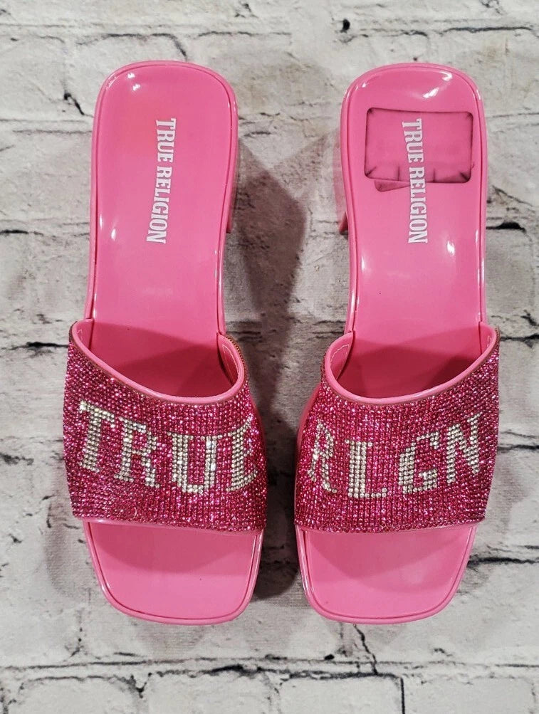 True Religion Bling Silver Pink Stoned Sandals Block Heels WOMENS SIZE 11