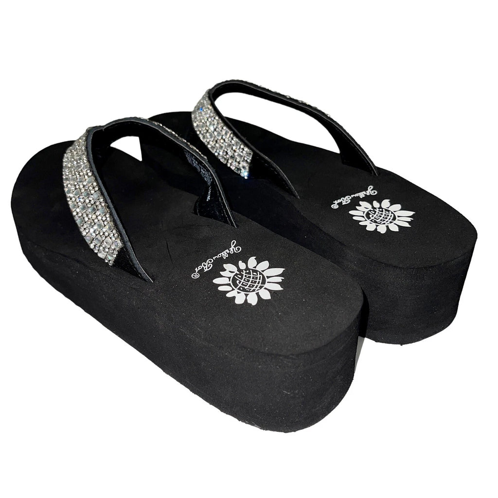 Yellow Box Flip Flops Womens 6.5 Black Clear Rhinestone Wedge Sandals Scalia