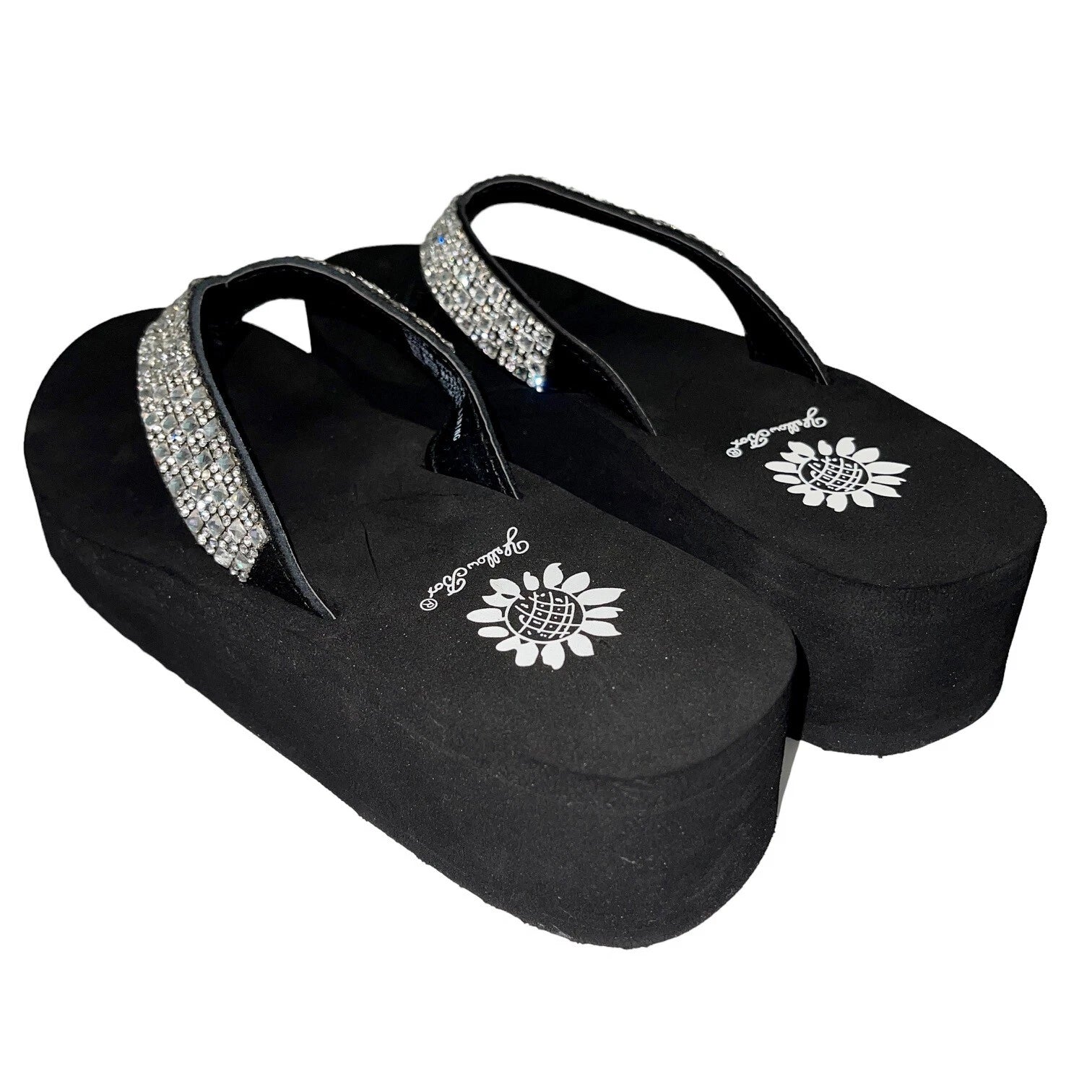 Yellow Box Flip Flops Womens 6.5 Black Clear Rhinestone Wedge Sandals Scalia