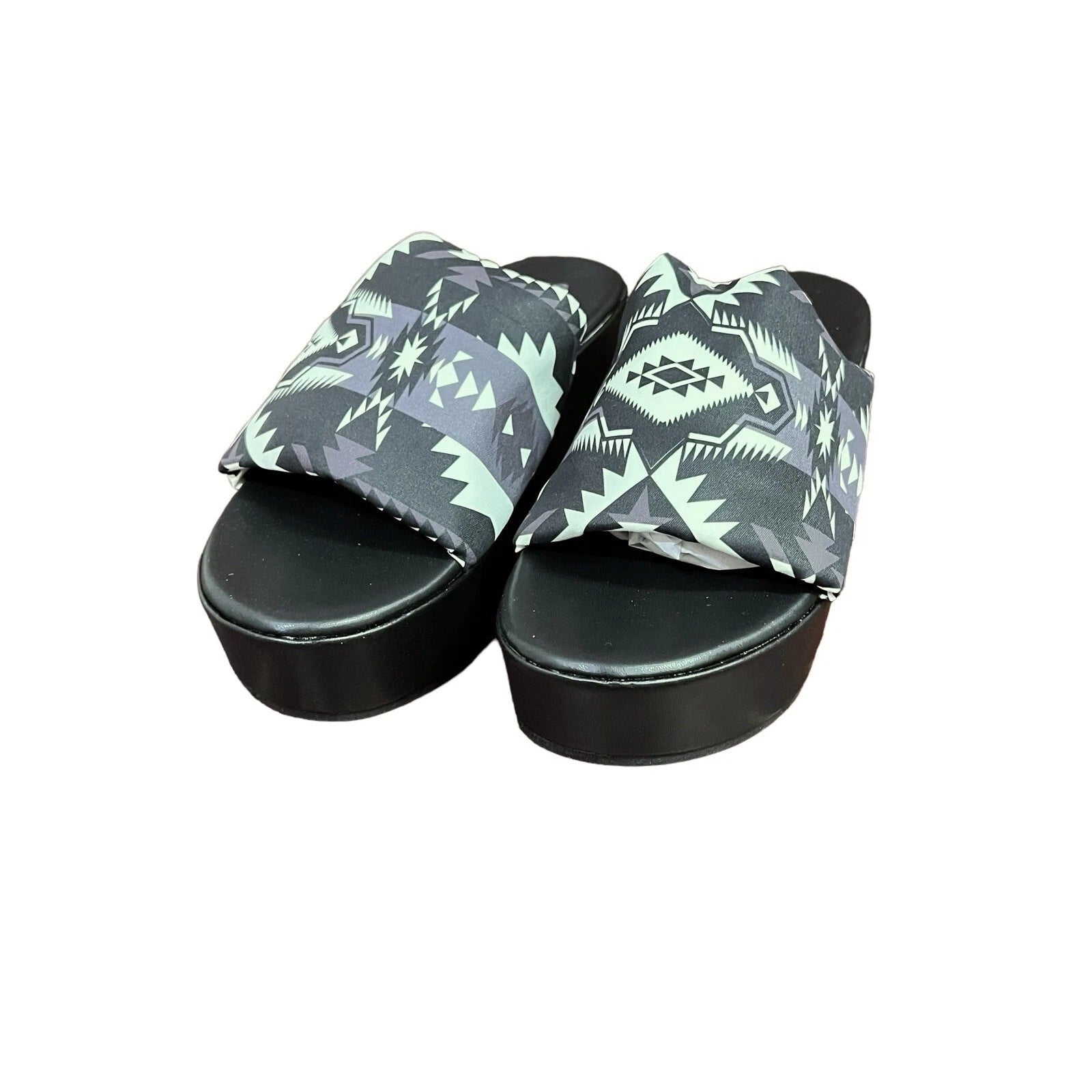 Crazy Train 90s Platty Aztec Bold Black & White Sandal Wedges Platform Slides 9
