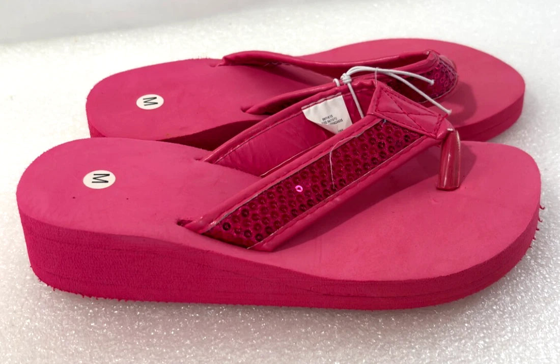 Wedge Sandals Women Flip Flops Rhinestone Sparkle Black & Pink Sequin Size 4